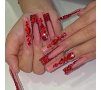 24Pcs Long Square Press On Nails Glossy False Rhinestones Stick On Full Covers Decoration For Women Artificial Nail