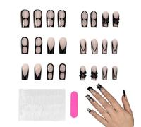 24Pcs Long Square Press On Nails Not Easy to Break Black Handmade False Nails with French Tip and 3D Gradient Design Waterproof Durable Acrylic with Tools Gothic Style for Party