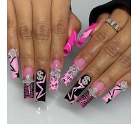 24Pcs Long Square Press-On Nails with Glam Pink Black Contrast, Leopard Print, Zebra Stripes, Abstract Wave Motif, 3D Rhinestone Stars Crowns Dollar Signs - Mixed Design False Nails for Women