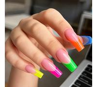 24PCS Long Square Press On Nails With Jelly Adhesive Tabs & Nail File, Colorful Neon French Tip False, Full Cover Glossy Stick On For Women, Bold Colorful Manicure Kit