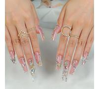 24PCS Long Square Press On Nails With Rhinestones Decors Full Covers Acrylic Nails Stick On Nails For Women And Girls