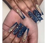 24pcs Long Square Stick On Nails Glossy Artificial Nails With Rhinestones Designs False Nails For FashionNail Art Lover