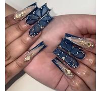 24pcs Long Square Stick on Nails Glossy Artificial with Rhinestones Designs False for FashionNail Art Lover French Styles Nails Tips