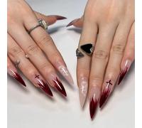 24pcs Long Stiletto False Nails Red Fireflame Stick-on Gothic Dragon Loong Pattern Press-on Removable Glue-on Full Cover Fake Nail Set for Women Brides Nail Art Accessories