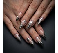 24PCS Long Stiletto False Nails With 3D Glossy Silver Flame Design On Transparent Base In 12 Sizes - Artificial Nails Set For Easy Application With Adhesive Tabs Creating Bold Fashion Manicure Styles