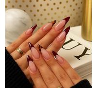 24Pcs Long Stiletto Nail Tips with Glossy Burgundy Tortoiseshell Design - Short Almond False Nails for Women, Seamless Stick On Artificial with Nude Pink Base, High Shine Press On, Fashion
