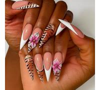 24Pcs Long Stiletto Press On Nails - French Tip Fake Nails with Tiger Stripe and Flower Design - Durable Acrylic Set with Accessory Tools for Easy Application