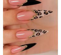 24PCS Long Stiletto Press on Nails Leopard French Tips - Glossy Nude Pink False Nails with Gold Glitter Edge Handmade Stylish & Unique Art Design for Parties Events Elegant Touch