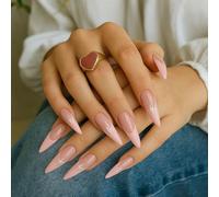 24PCS Long Stiletto Press On Nails with French Tip & Pink Star Design - Glossy Acrylic Fake Nail Set with Rhinestones, Almond Shape Stick On for Women, Weddings, Parties, Daily Wear & Halloween