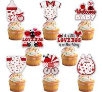 24Pcs Love Bug Baby Shower Cupcake Toppers - Glitter Lady Bug Baby Shower Decorations For A Little Love Bug is on the Way Gender Reveal Party Cake Décor