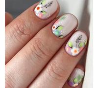24Pcs Lovely Flower False - Leaf Design Artificial Full Cover Short Square Press-On