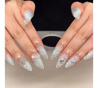 24PCS Lunar Star Press-On Nails Kit with Medium Almond Short Shape - Elegant Translucent Design Iridescent Pearlescent Tone White Swirls Celestial Motif Stars Moon Phases Cloud Patterns Glitter