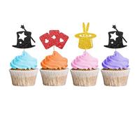24PCS Magic Show Cupcake Toppers, Baby Shower Party Decor, Magic Hat & Rabbit & Poker Dessert Picks, Magic Themed Birthday Party Decoration - Red & Gold & Black Glitter