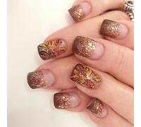 24Pcs Maple Leaves Themed Press On Tips Gold Foil Streaked Leaves Design Short Square Artificial Nails Tips Radiancy Stylish Coffee Tone Press On Nail