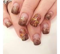 24Pcs Maple Leaves Themed Press On Tips Gold Foil Streaked Leaves Design Short Square Artificial Nails Tips Radiancy Fall Leaf Design Press On Nail