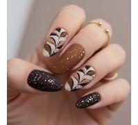 24PCS Matte Autumn Leaf Press On Nails Almond Shape - Elegant Fall Brown Fake Nails with Leaf Patterns, Full Cover Stick On Tips for Women, Durable False Set