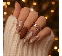 24Pcs Matte Brown Gold Marble Press On Nails Short Almond Shape Elegant French Tip Fake Nails for Women Handmade Ombre Design Stick On Autumn Acrylic False Set