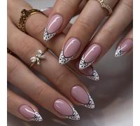 24PCS Mauve Pink Press On Nails - Bow Line Art Polka Dots Tips Elegant Almond Minimal Romantic Monochrome Detail - Various Occasions Coquette Chic for Women