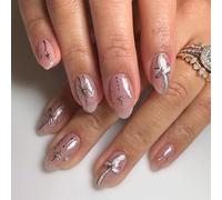 24PCS Medium Almond Fake Nails - Silver Bow & Star Rhinestone Designs | Breathable Jelly Gel Tabs, 12 Sizes for Daily to Black Tie