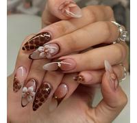 24pcs Medium Almond False Nails Brown White Press on Nails Lily Flower