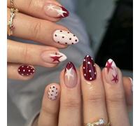 24pcs Medium Almond False Nails Burgundy Polka Dot Star Press on Nails | Stick on Nail Tips, Nude Pink, Burgundy French Star Polka Dot Design, Removable, Glue-on Fake Nail Art Accessories for Women