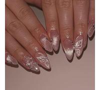 24pcs Medium Almond False Nails Cat Eye Press on Nails Nude Pink Stick on Nail with 3D Rhinestone Pearl Butterfly Design Removable Glue on Acrylic Fake Nail Tips Accessories for Women