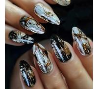 24pcs Medium Almond False Nails Cyberpunk Mechanical Press on Nails Futuristic Metallic Gold Butterfly Edgy Stick on Nail Tips Removable Glue-on Fake Nail Art Accessories for Women