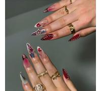 24pcs Medium Almond False Nails Dark Red Press on Nails Metallic Silver 3D Star Stick on Nail French Tip Cherry Print Removable Glue on Acrylic Fake Nail Tips Accessories for Women Girls