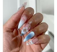 24pcs Medium Almond False Nails French Tip Blue Ombre Press on Nails 3D Flower Wave Stick on Nail with Gold Pearl Design Removable Glue on Acrylic Fake Nail Beach Accessories for Women