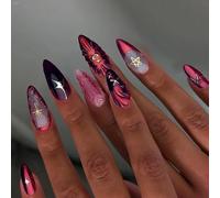 24pcs Medium Almond False Nails French Tip Dark Red Press on Nails Gold Silver Stick on Nail with 3D Star Wave Design Removable Glue on Acrylic Fake Nail Tips Accessories for Women