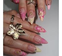 24pcs Medium Almond False Nails French Tip Pink Yellow Press on Nails 3D Flower Wave Starfish Stick on Nail with Gold Pearl Design Removable Glue on Acrylic Fake Nail Accessories for Women