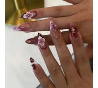 24pcs Medium Almond False Nails French Tip Press on Nails 3D Flower Design | Stick on Nails, Burgundy Pink Ombre, French, 3D Floral & Star Decor, Removable, Glue-on Fake Nail Art Accessories for Women