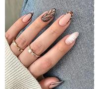 24pcs Medium Almond False Nails French Tip Press on Nails Black White Ombre Stick on Nail with Leopard Print Design Removable Glue on Acrylic Fake Nail Tips Accessories for Women