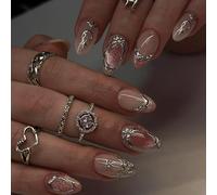 24pcs Medium Almond False Nails French Tip Press on Nails Blush Pink Ombre Cat Eye Stick on Nail Tips with 3D Silver Star Accent Removable Glue-on Fake Nail Art Accessories for Women