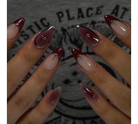 24pcs Medium Almond False Nails French Tip Press on Nails Burgundy Ombre Stick on Nail with 3D Star Design Removable Glue on Acrylic Fake Nail Tips Accessories for Women