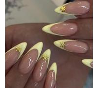 24pcs Medium Almond False Nails French Tip Press on Nails Yellow Edge Nude Pink Stick on Nail with 3D Gold Star Design Removable Glue on Acrylic Fake Nail Tips Accessories for Women