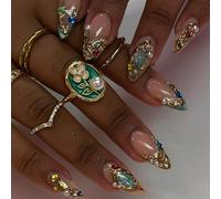 24pcs Medium Almond False Nails Green Cat Eye French Tip Press on Nails 3D Gold Foil Nude Pink Stick on Nail Tips with Pearl Rhinestone Accents Removable Glue-on Fake Nail Art Accessories for Women