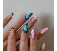 24pcs Medium Almond False Nails Leopard Print French Tip Press on Nails Star Flower Stick on Nail Removable Glue on Acrylic Fake Nail Tips Accessories for Women