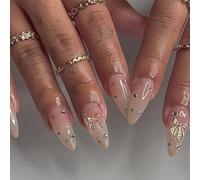 24pcs Medium Almond False Nails - Nude Rhinestone Butterfly & Star Pattern. Removable Acrylic Full Cover. Women Nail Accessories
