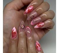 24pcs Medium Almond False Nails Red Cat Eye French Tip Press on Nails Shimmery Ombre Nude Pink Stick on Nail Tips with Gold Starburst Accent Removable Glue-on Fake Nail Art Accessories for Women