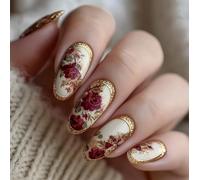 24pcs Medium Almond False Nails Rose Floral Press on Nails Luxury Vintage Oil Painting Stick on Nail Tips Removable Glue-on Fake Nail Art Accessories for Women