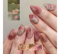 24pcs Medium Almond False Nails Rosy Ombre Press on Nails Vintage Rose Flower Watercolor Patterned Stick on Nail Tips Removable Glue-on Fake Nail Art Accessories for Women