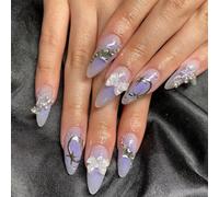 24pcs Medium Almond False Nails, Stick on Press on Nails Glitter Purple Ombre Removable Glue-on Acrylic Full Cover for Women Girls