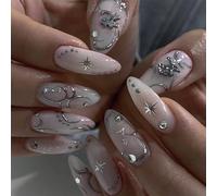 24pcs Medium Almond False Nails, White Stick on Nails Silver Star Rhinestone Press on Nails Removable Glue-on Nails Acrylic Gothic Fake Nails Women Girls Nail Art Accessories