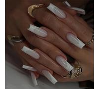 24pcs Medium Almond False Nails, White Stick on Nails Silver Star Rhinestone Press on Nails Removable Glue-on Nails Acrylic Gothic Fake Nails Women Girls Nail Art Accessories