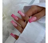 24pcs Medium Almond False Nails, White Stick on Nails Silver Star Rhinestone Press on Nails Removable Glue-on Nails Acrylic Gothic Fake Nails Women Girls Nail Art Accessories