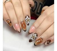 24pcs Medium Almond False Nails with Flower Design, Dark Brown Press on Nails French Tip, Stick on Nail Removable Glue on Acrylic Fake Nail Tips Accessories for Women Autumn Winter Parties & Daily