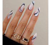 24PCS Medium Almond False Nails with Glue Stickers, Coffin Full Cover Acrylic Press on Nails no Glue, Black White lines French Tip Fake Nails Stick for Women and Girls Nail Art.