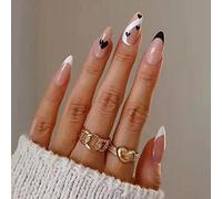 24PCS Medium Almond False Nails with Glue Stickers, Full Cover Acrylic Press on Nails no Glue,Black-White Love French Fake Nails for Women and Girls Nail Art.