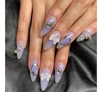 24PCS Medium Almond Glitter Purple Ombre False Nails - Removable Press-on Acrylic Full Cover Fake Nails with Included Glue - Stylish Women's Nail Art Accessories